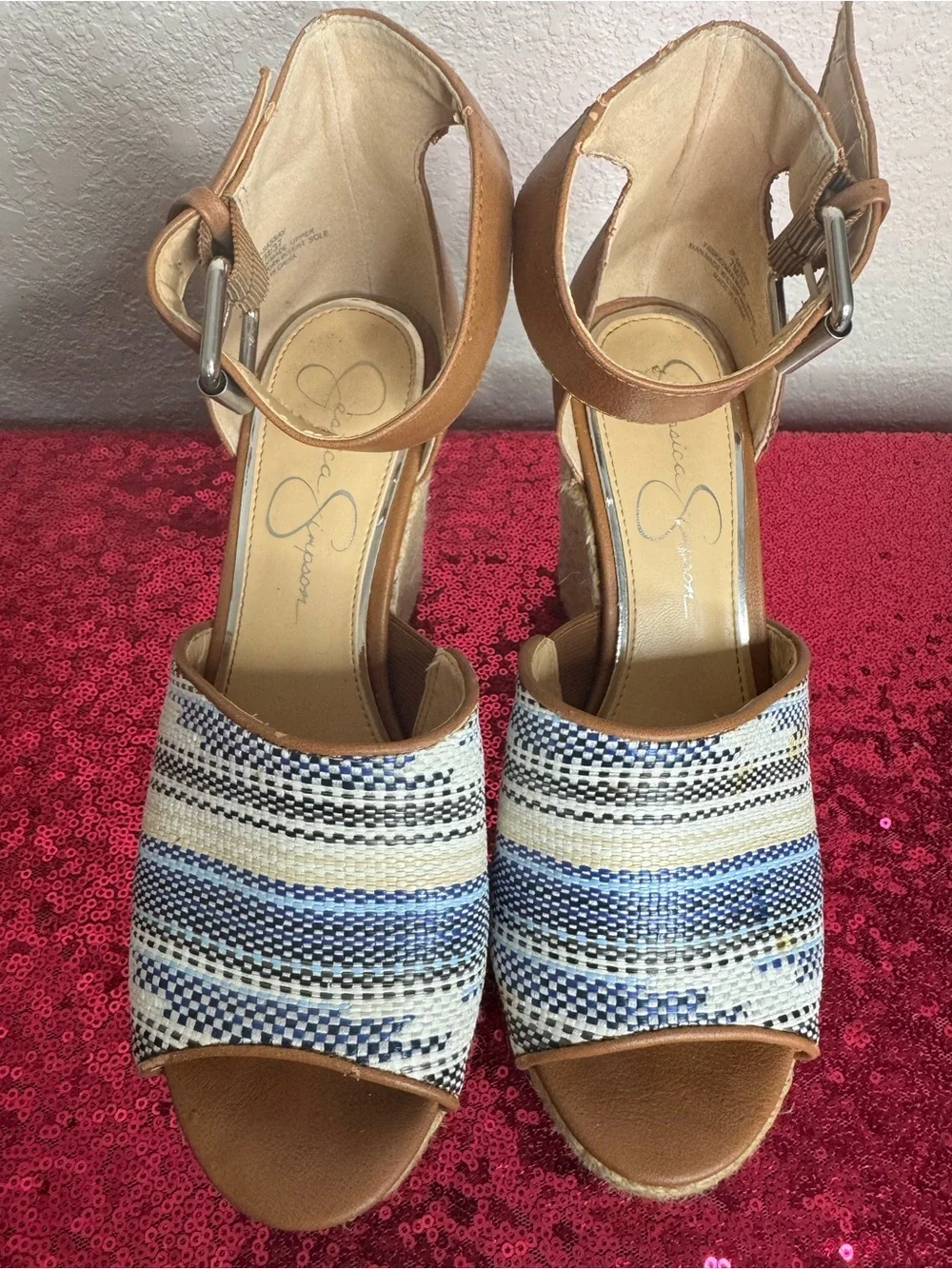 JESSICA SIMPSON 🩵 Tan & Blue Woven Espadrille Wedge Sandals (Women’s Size 7)